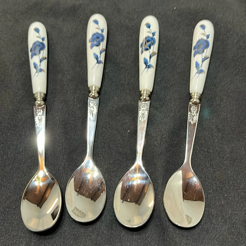 Set of 4 Stainless Infant Spoons Porcelain Handles